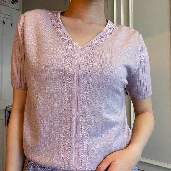 Vintage Cottagecore Pastel Lilac Knit Tee - Picture 3 of 9